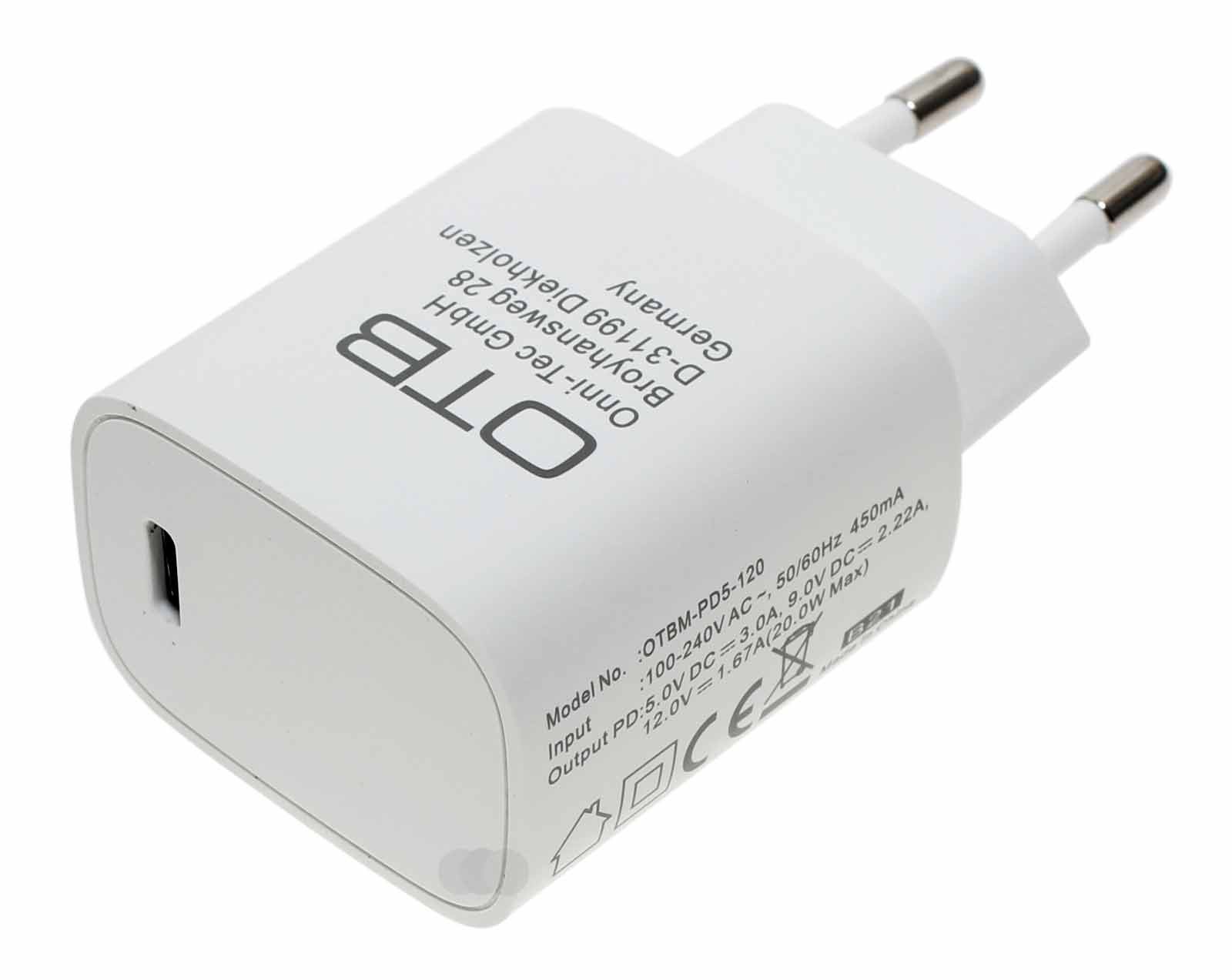 USB Typ-C Schnellladegerät 20W weiss, 5V 3A, 9V 2,22A, 12V 1,67A, Ladeadapter, Netzteil