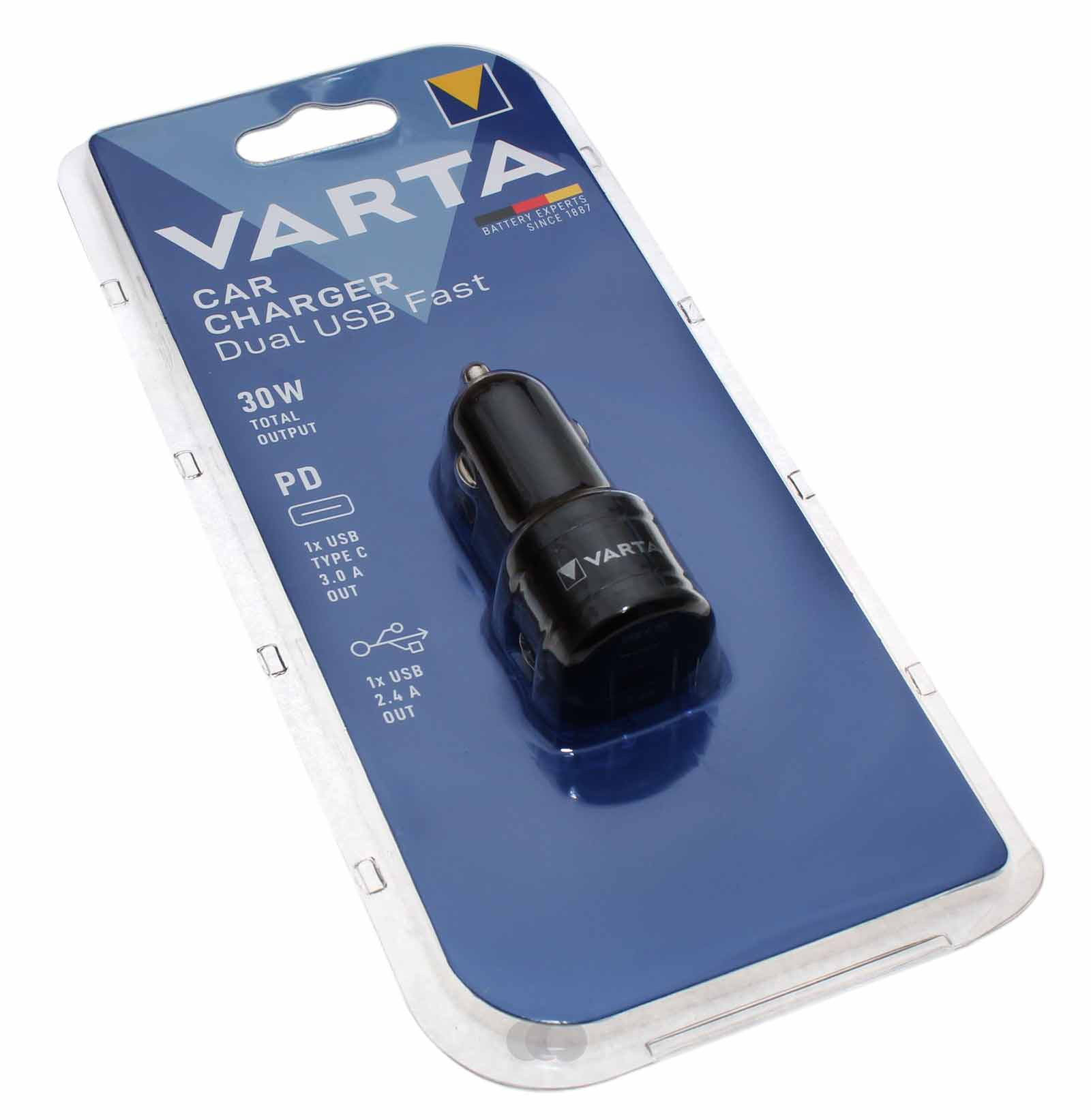 Varta KFZ Ladeadapter Autoladegerät 1x USB-C mit USB Power Delivery USB-PD, 1x USB-A, 30W