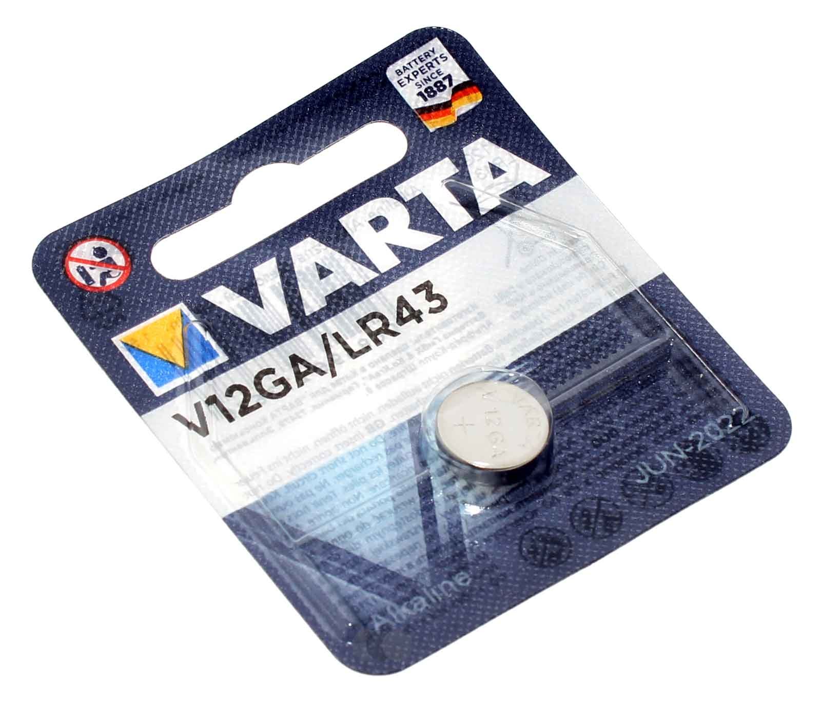 Varta V12GA LR43 AG12 Alkaline Knopfzelle Batterie A86, B-LR43, G12A, LR1131, 1,5V, 80mAh