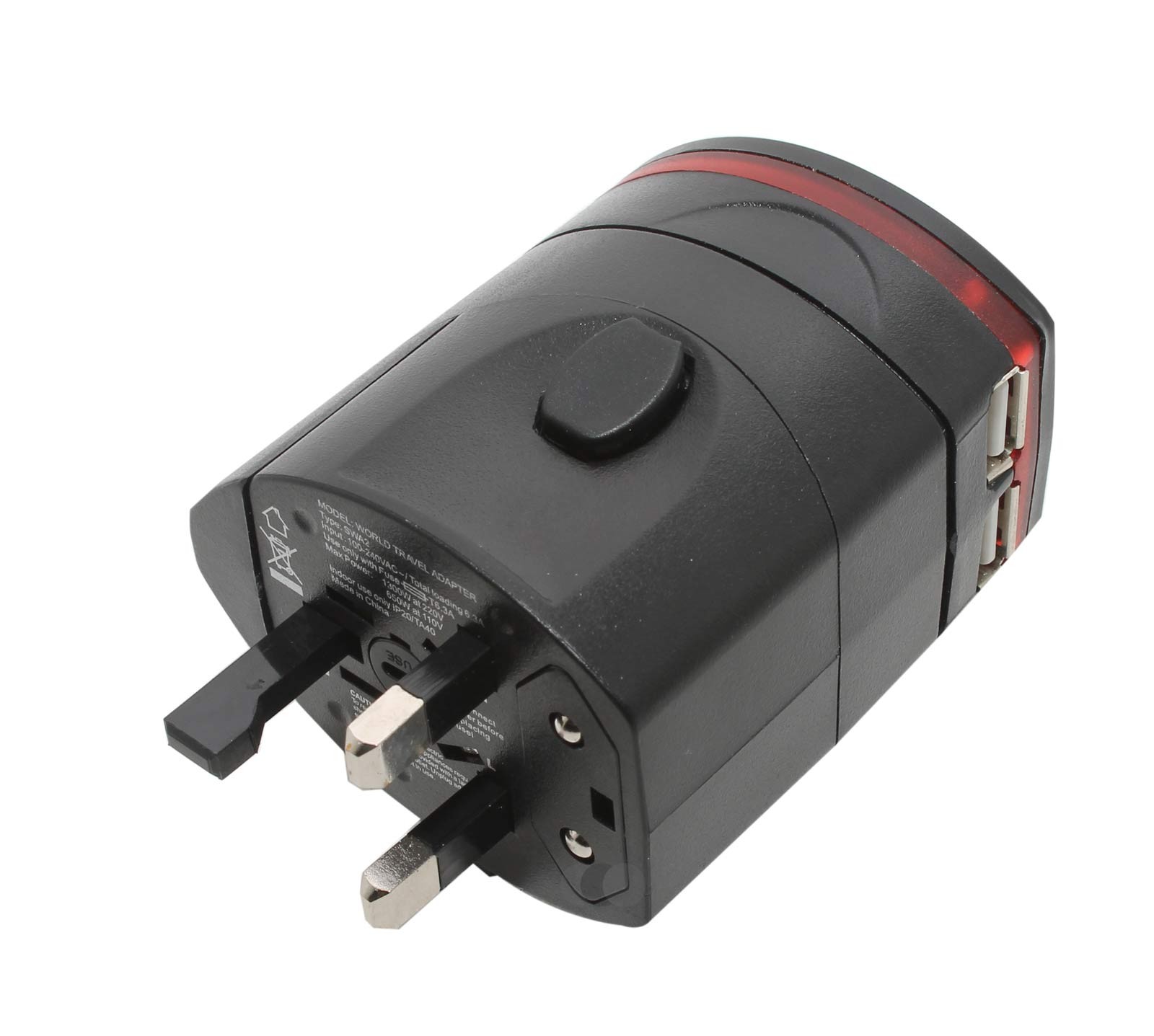 Reiseadapter, World travel adapter mit 2 USB Anschlüssen, für Laptops, Handys, Tablets und alle Geräte mit normalem Stecker wie Rasierapparate, oder den Föhn