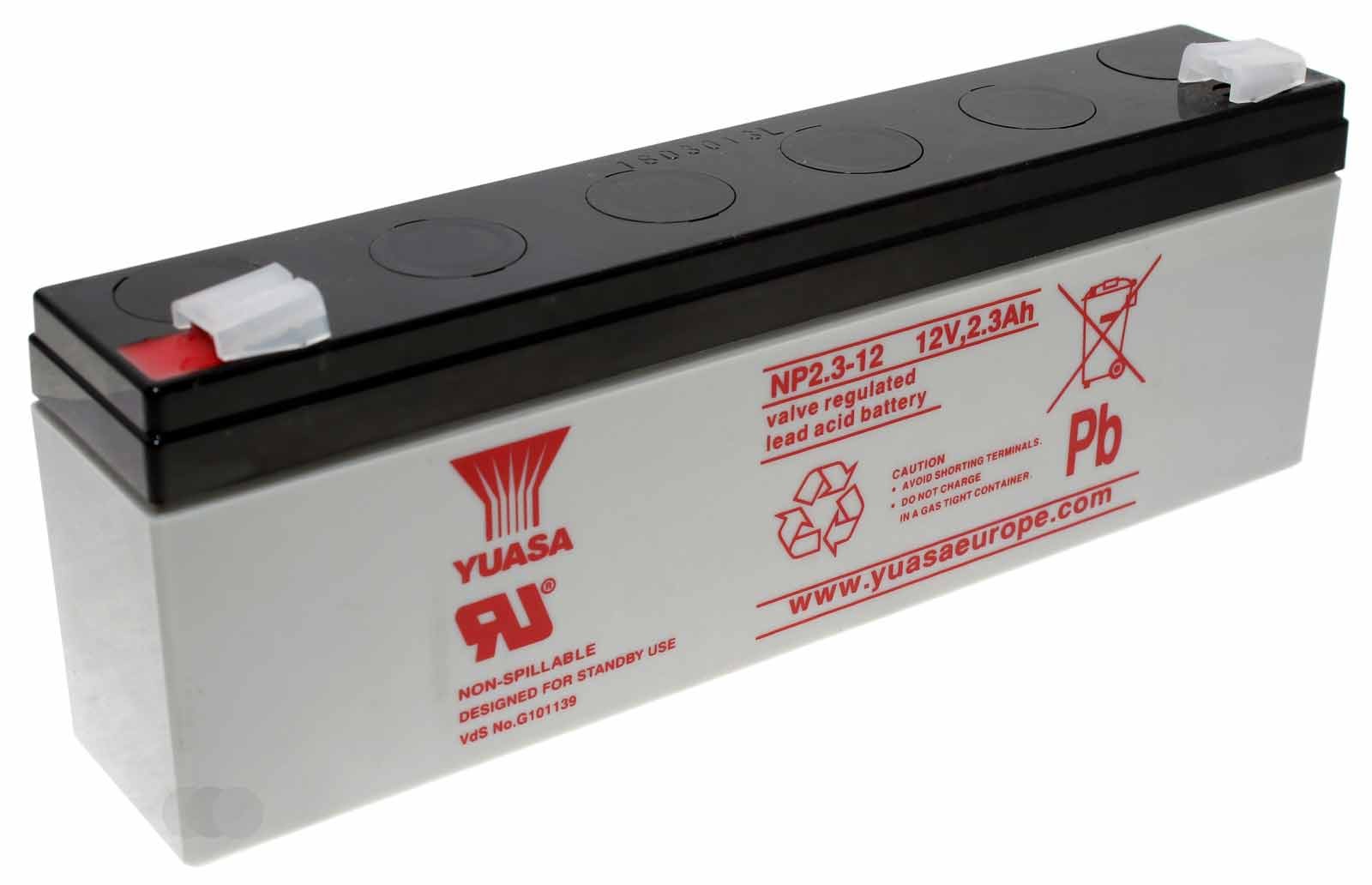 Yuasa NP2.3-12 Blei Gel Akku mit 12 Volt und 2,3Ah Kapazität, mit VDS Zulassung und Faston 4,8mm Kontakten