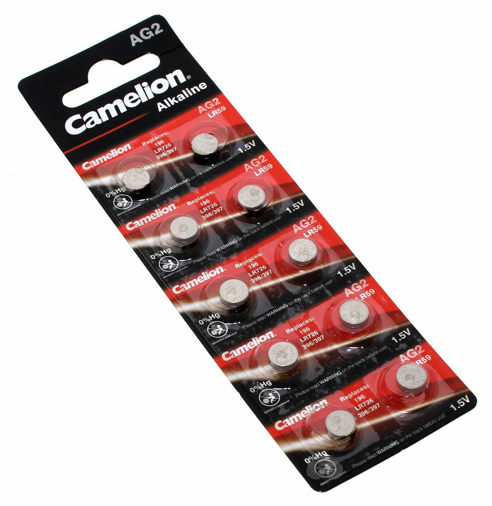 10x Camelion AG2 LR59 Knopfzelle Batterie, 280-28, 196, 2GA, G2A, GP196, LR726, L726, SG2, V2GA, 1,5V, 25mAh
