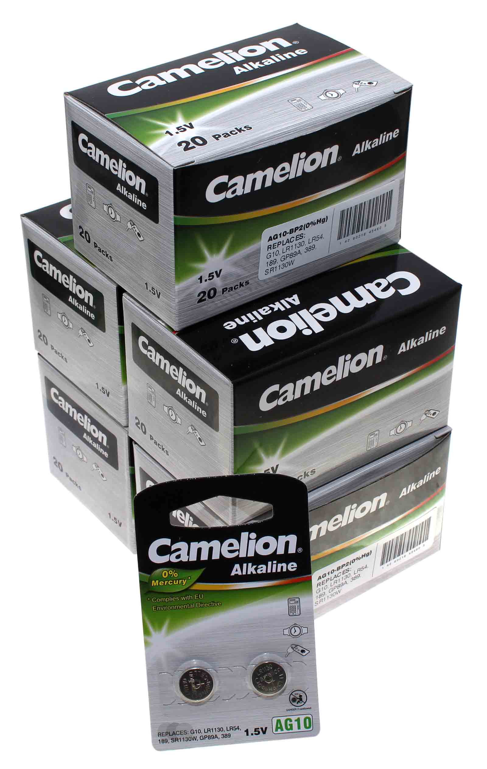 200x [100x2er Pack] Camelion AG10 Alkaline 1,5V Knopfzelle Batterie, G10, LR1130, LR54, 189, SR1130W, GP89A, 389, 80mAh