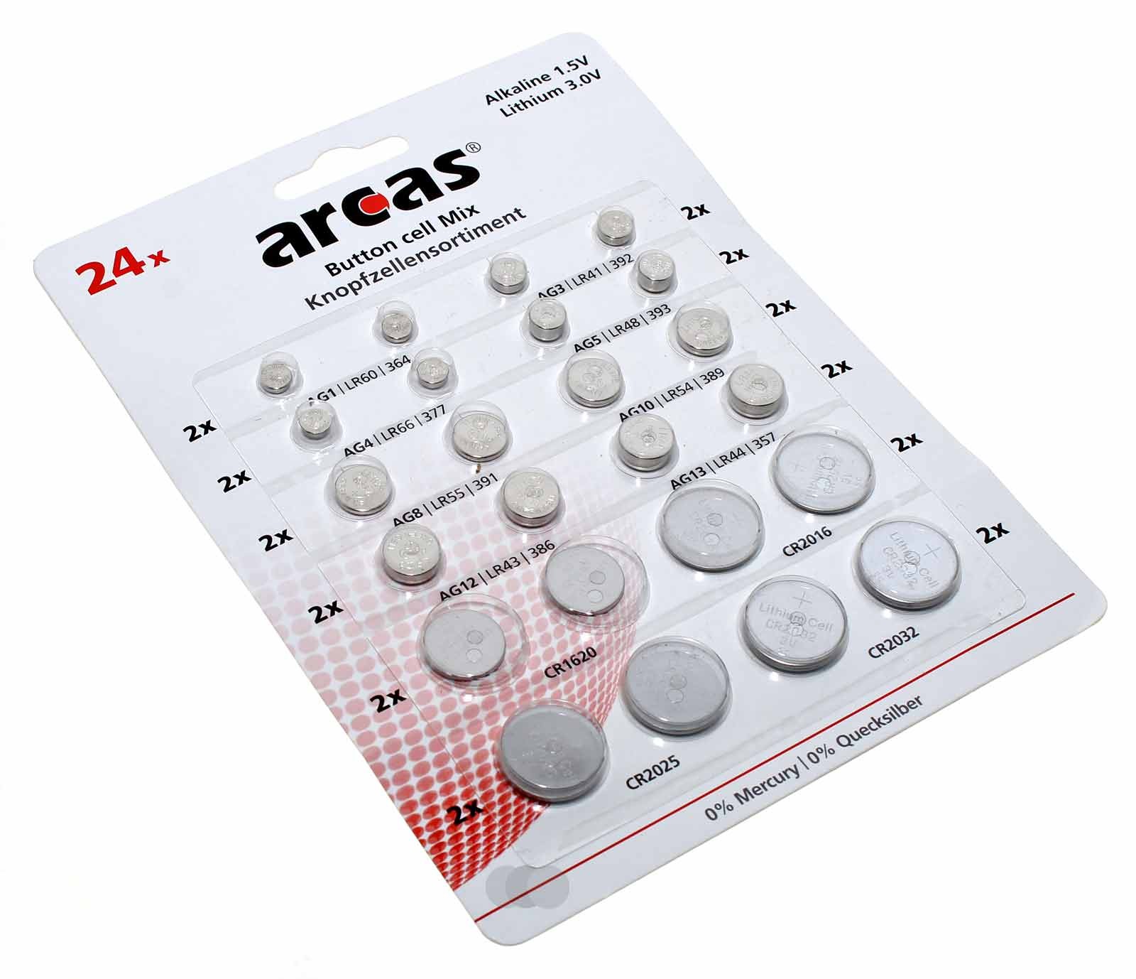 24 Stk. Arcas Knopfzellen-Set Alkaline + Lithium je 2x AG1, AG3, AG4, AG5, AG8, AG10, AG12, AG13, CR1620, CR2016, CR2025, CR2032