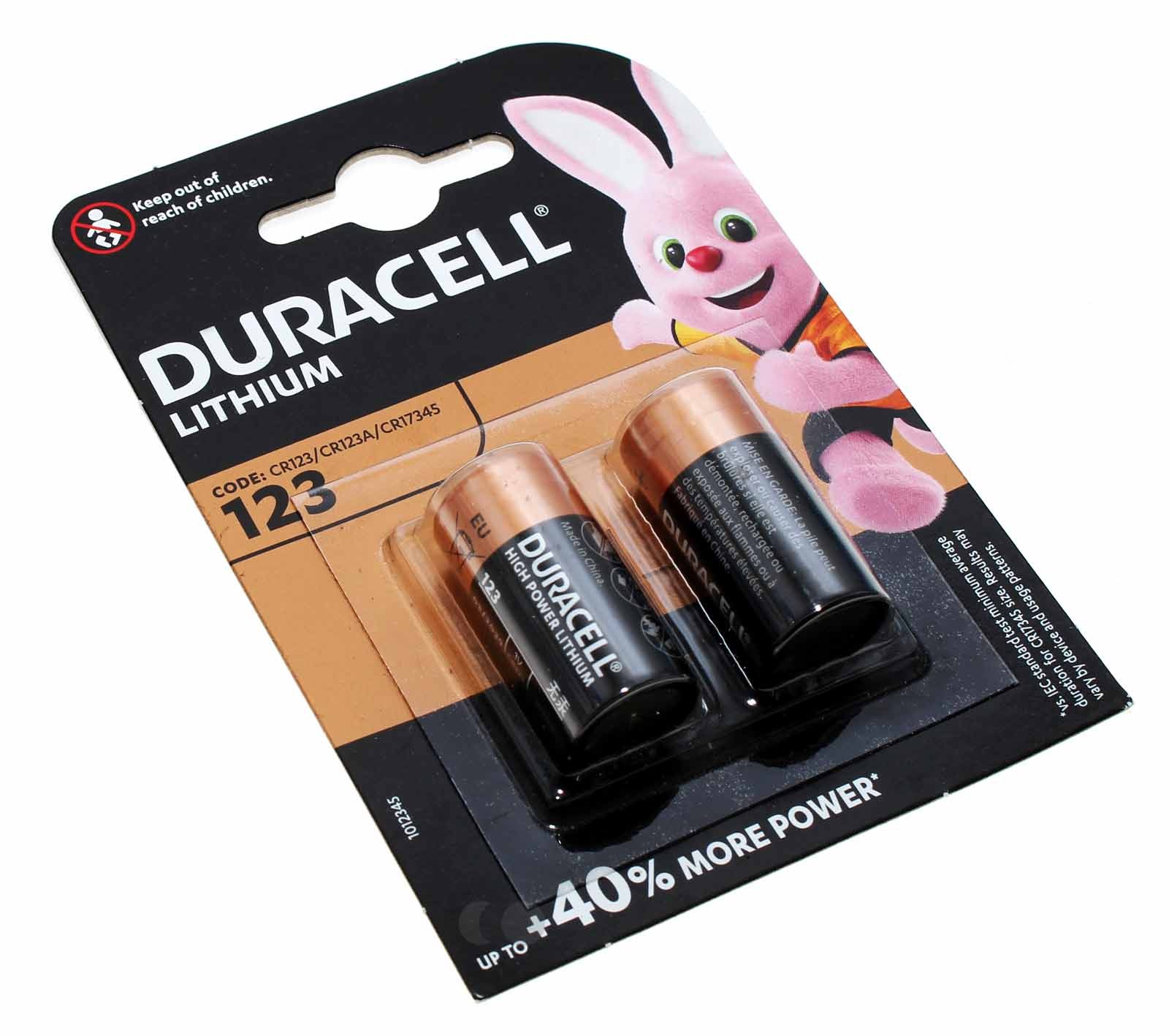 2 Stück Duracell Typ 123 High Power Lithium Batterie, bis zu 40 % mehr Leistung, mit 3 Volt und 1300mAh Kapazität, wie 018LC, CR17345, EL123AP, EL123A, DL123A, LR123, VL123, K123LA, RL123A