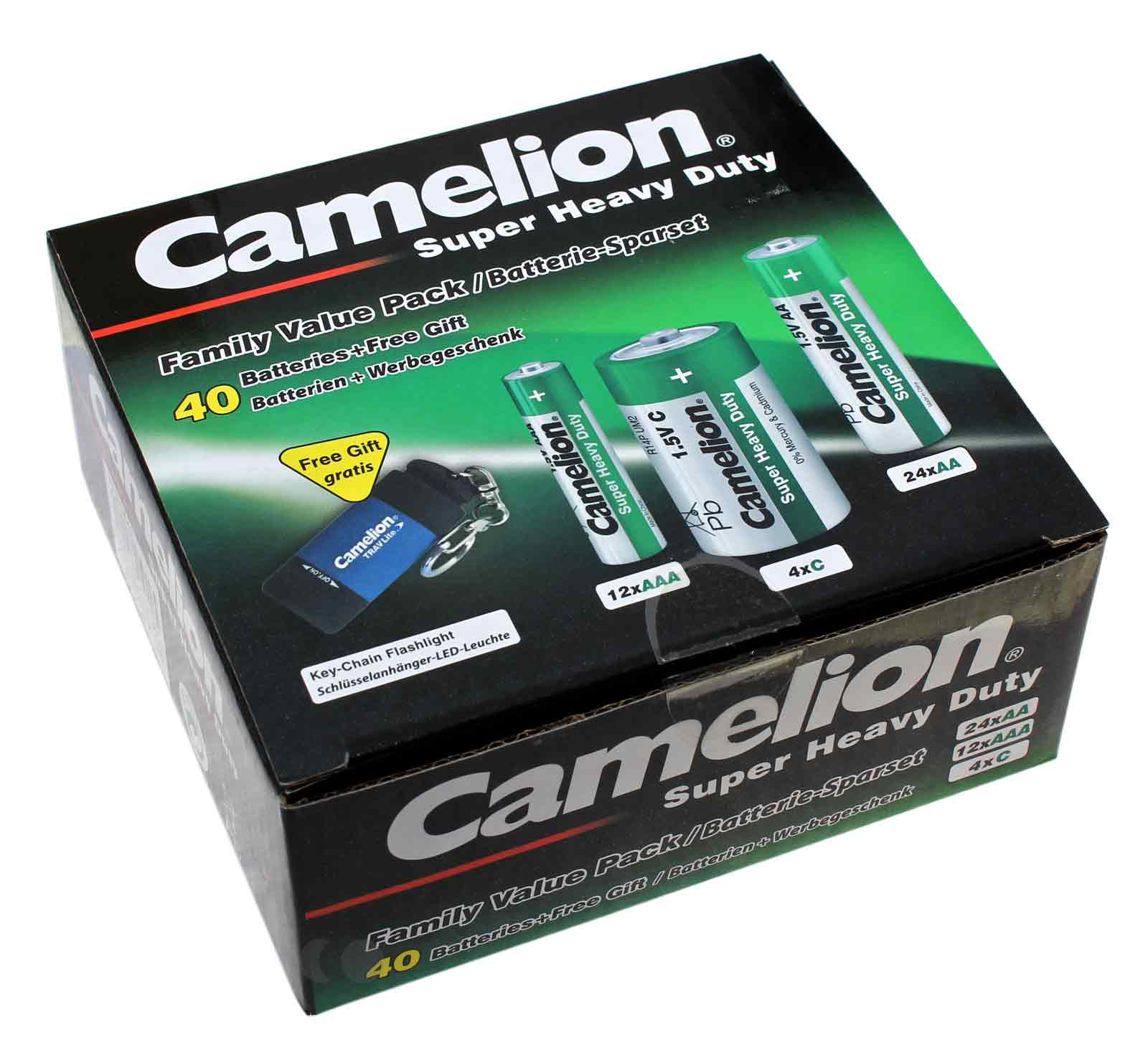 Camelion Batterie Spar-Set 40-tlg 24x AA Mignon, 12x AAA Micro, 4x C Baby und gratis Schlüsselanhänger- Taschenlampe