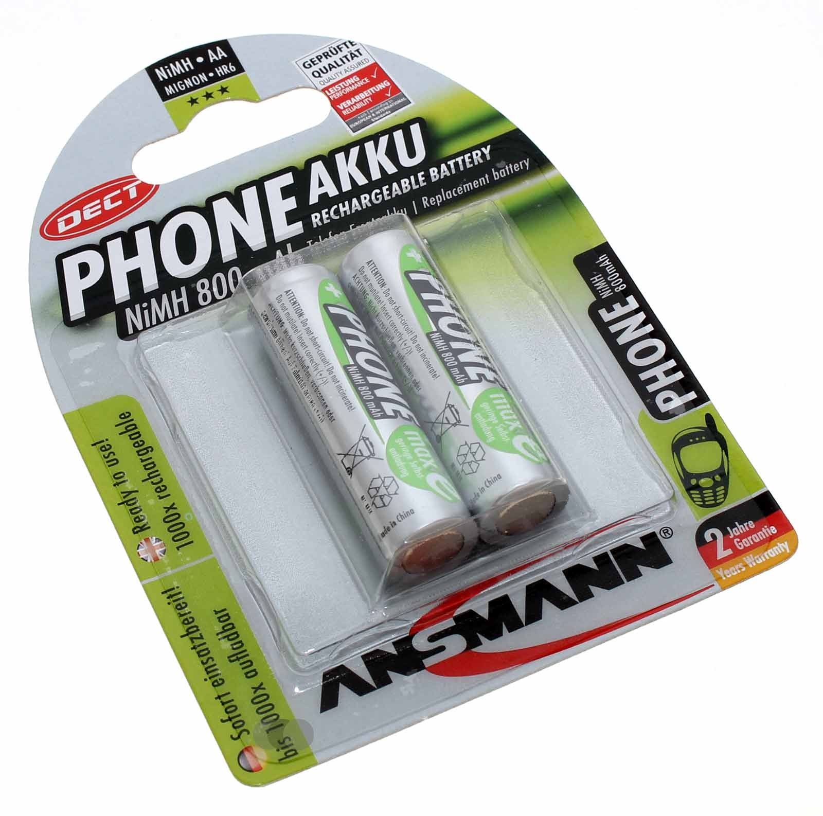 2 Stück Ansmann AA HR6 Mignon NiMH Akkus für DECT-Telefone mit 1,2 Volt und 800mAh Kapazität, Teilenummer 5030902