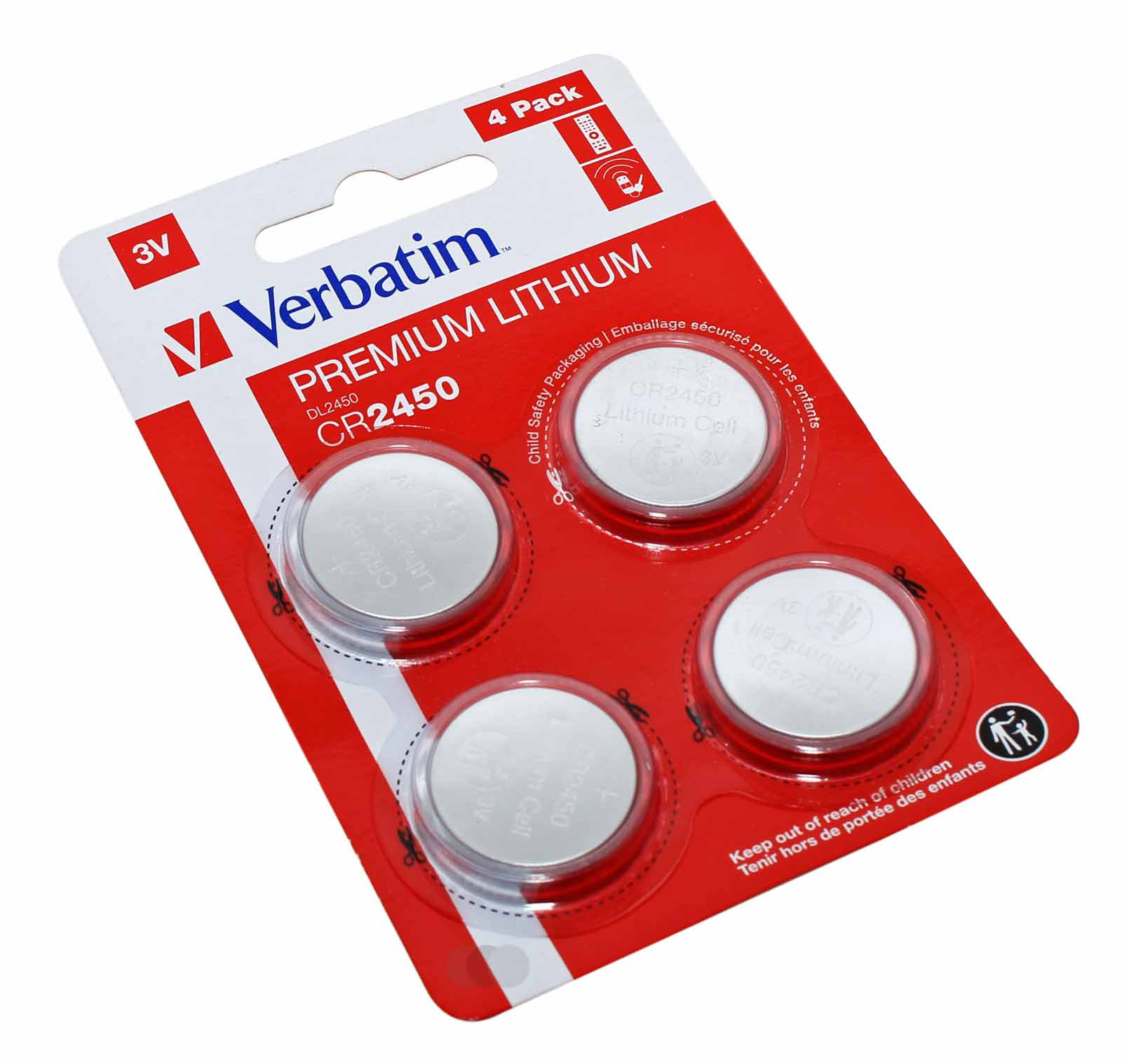 4x Verbatim CR2450 Lithium Knopfzelle Batterie, 5029LC, LM2450, DL2450, 3V, 580mAh