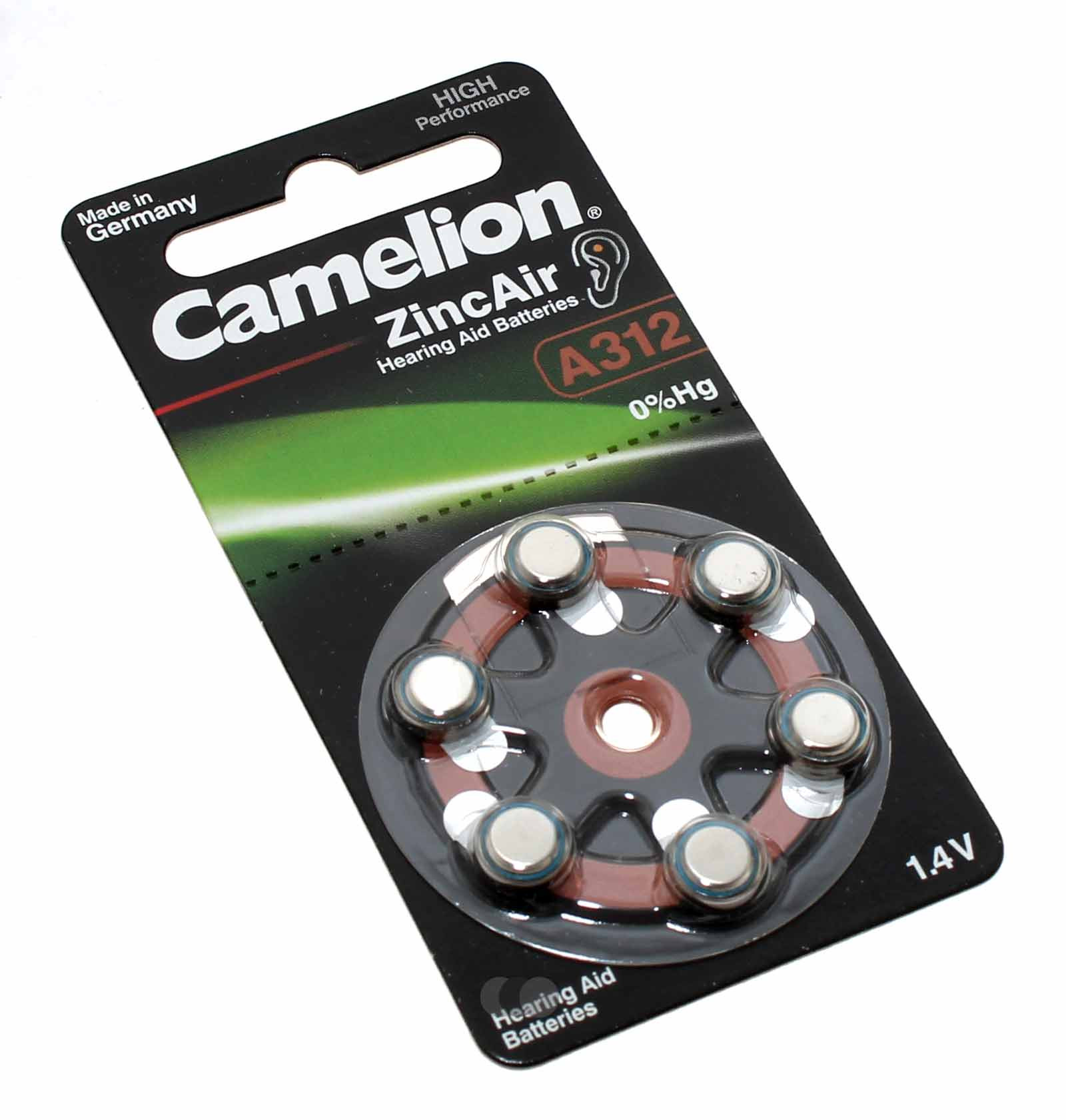 Camelion Knopfzelle, Batterie, A312, PR41, A312-BP6, für Hörgeräte, hearing aid, appareils auditifs, Zink-Luft mit 1,4V und 160mAh im 6er Pack