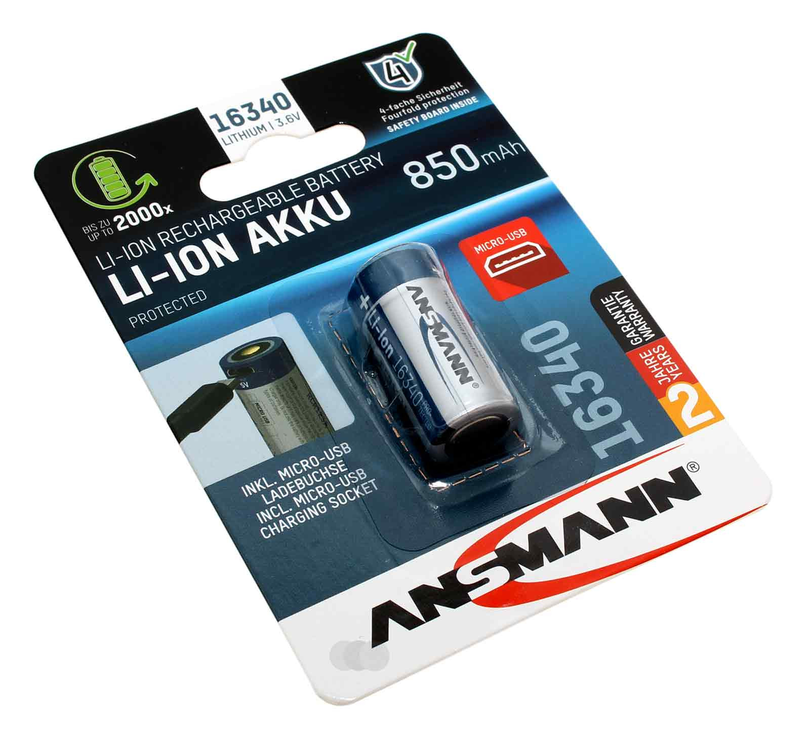 Ansmann 16340 Li-Ion Akku, micro-USB Ladebuchse, Schutzschaltung, 3,6V, 850mAh, 1300-0015