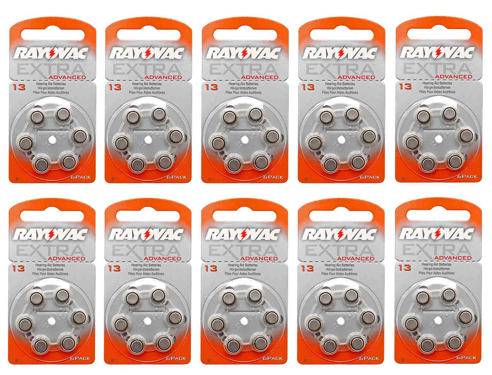 BB 08.18 - 10x 6er Pack Rayovac Extra Advanced Knopfzelle Batterie Typ13, PR48, für Hörgeräte, hearing aid, 1,4V