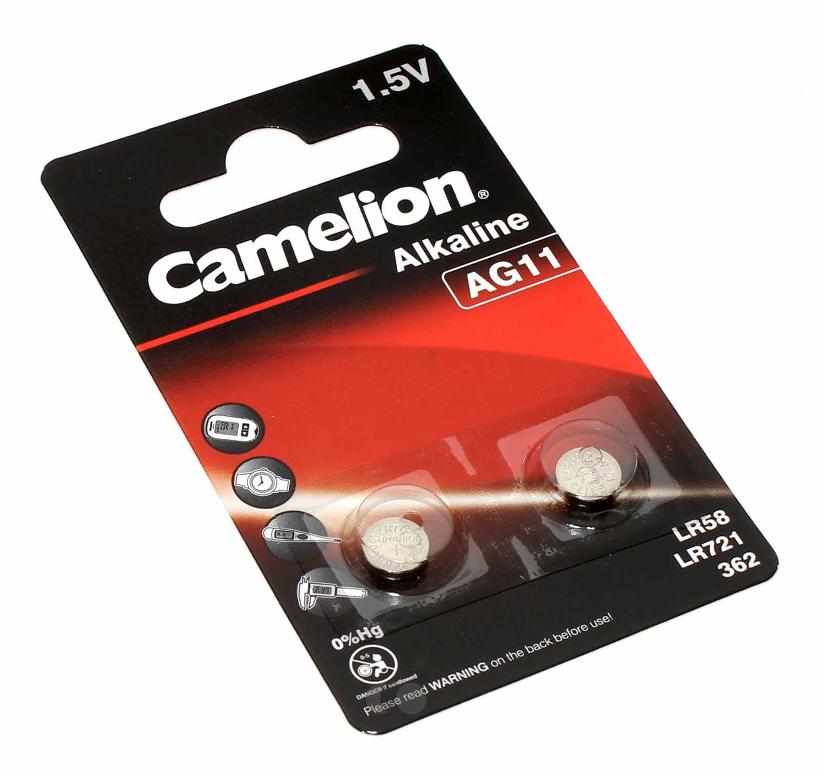 2x Camelion AG11 LR58 Alkaline Knopfzelle Batterie, 162, G11A, LR721, GP162, V11GA, 1,5V, 21mAh