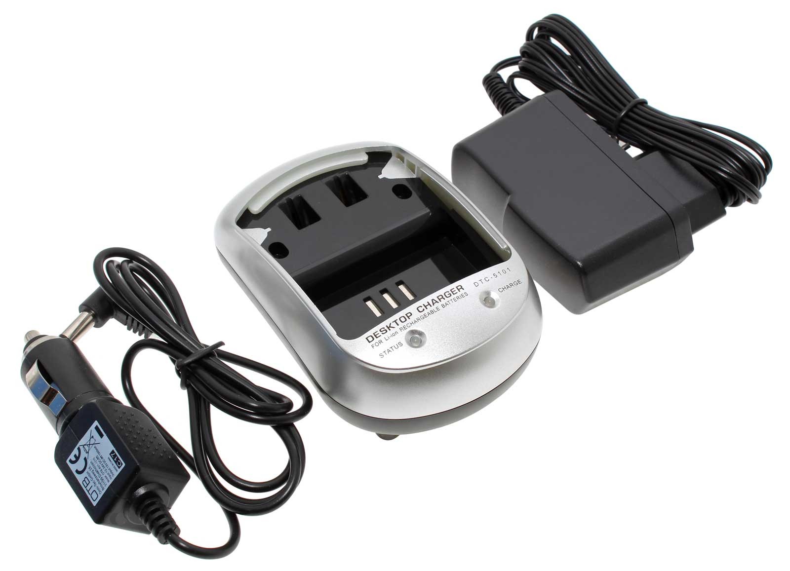 Akku Ladegerätebasis DTC-5101 für Lithium-Ionen Akkus mit Betriebs-LED (Status) und Lade-LED (Charge), sowie der Ladeschale passend für Canon LP-E5 Akku