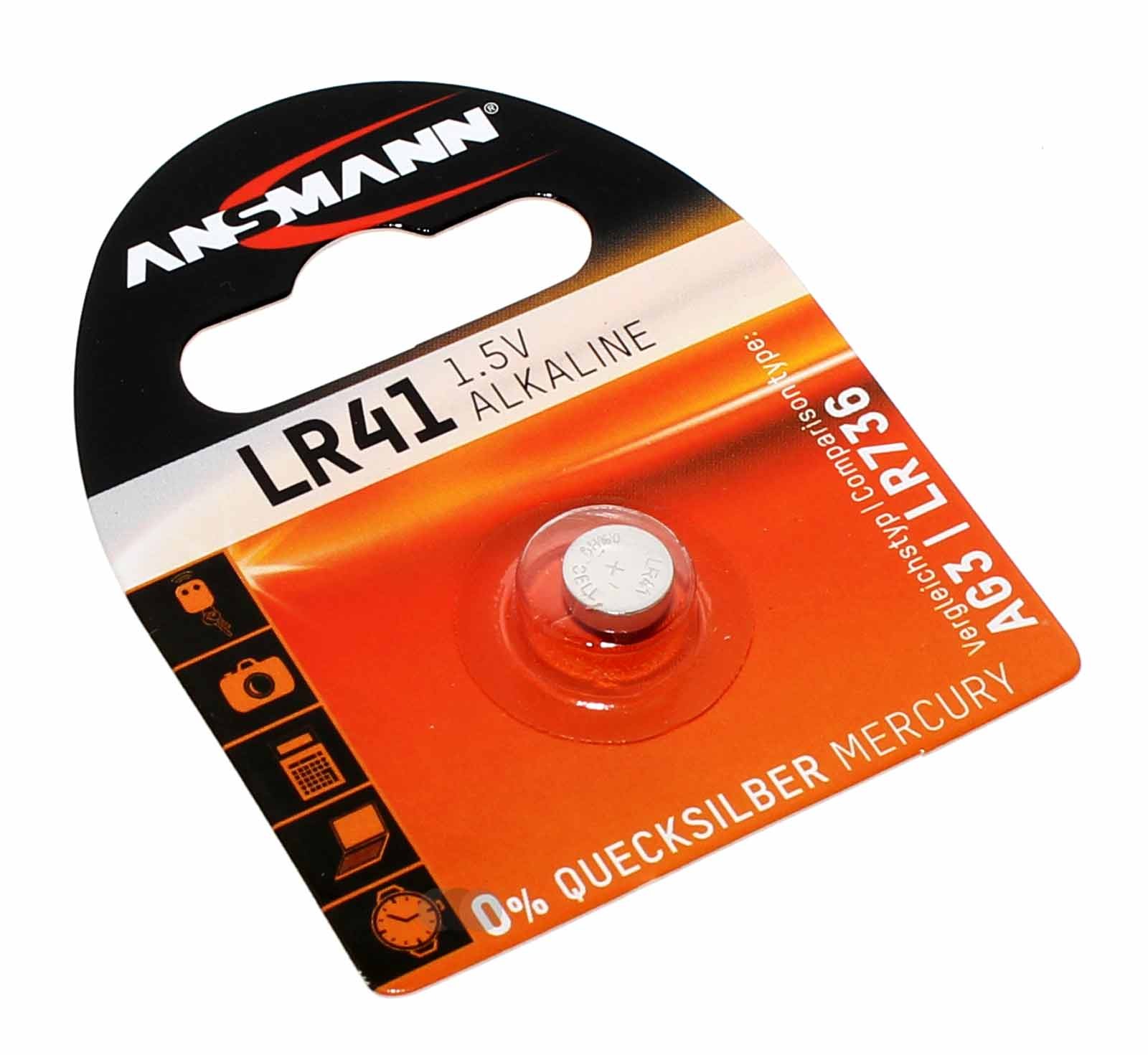 Ansmann LR41 Alkaline Knopfzelle Batterie AG3, LR736, 192, SR41W, GP92A, G3A, 3GA, 1,5V, 35mAh