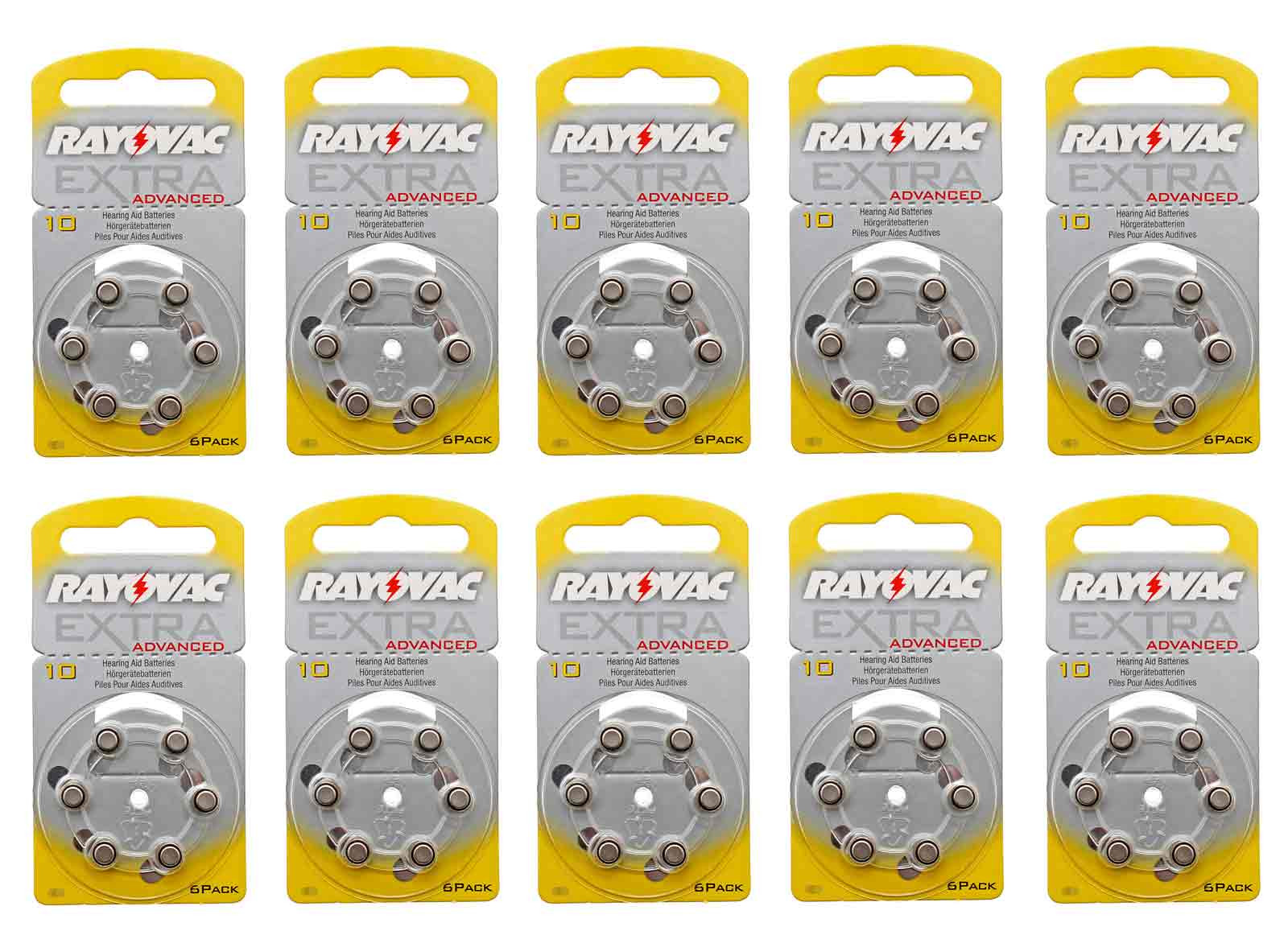 BB 08.18 - 10x 6er Pack Rayovac Extra Advanced Knopfzelle Batterie Typ 10, PR70, für Hörgeräte, hearing aid, 1,4V, 105mAh