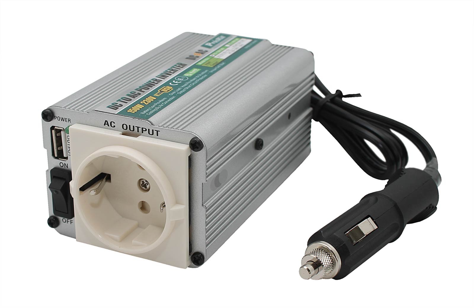 Spannungswandler 12V auf 230V, DC to AC Power Inverter, Zigarrettenanzünder, USB-Anschluss 
