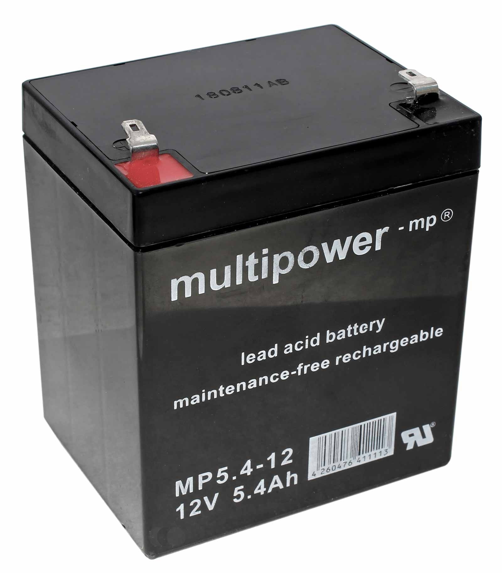 Multipower MP5.4-12 Blei Gel Akku mit 12 Volt, 5,4Ah Kapazität und 4,8mm Faston F1 Flachstecker Kontakten