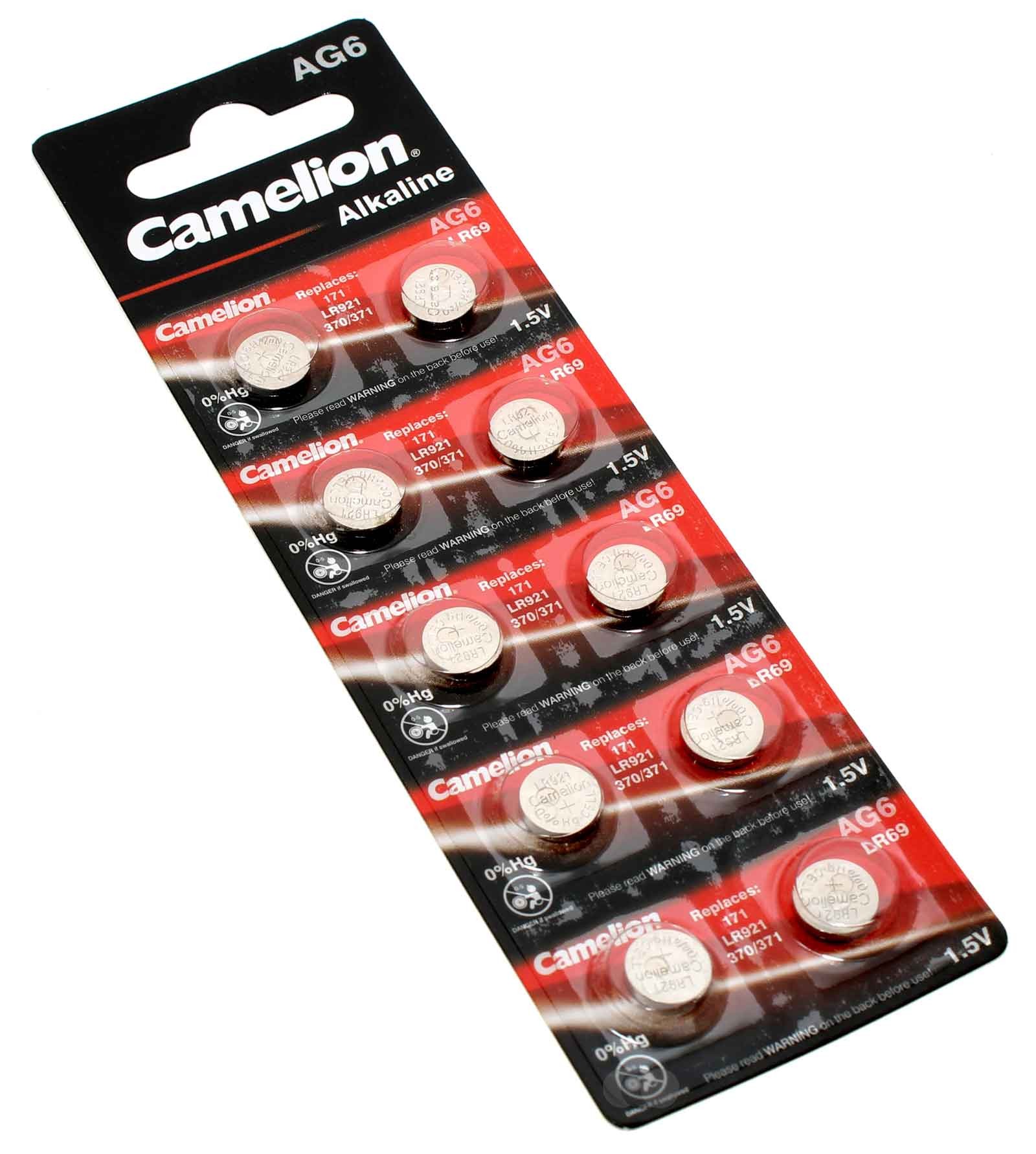 10er Blister Camelion AG6 Alkaline Knopfzellen Batterien, wie LR69, LR921, L920 mit 1,5V und 30mAh