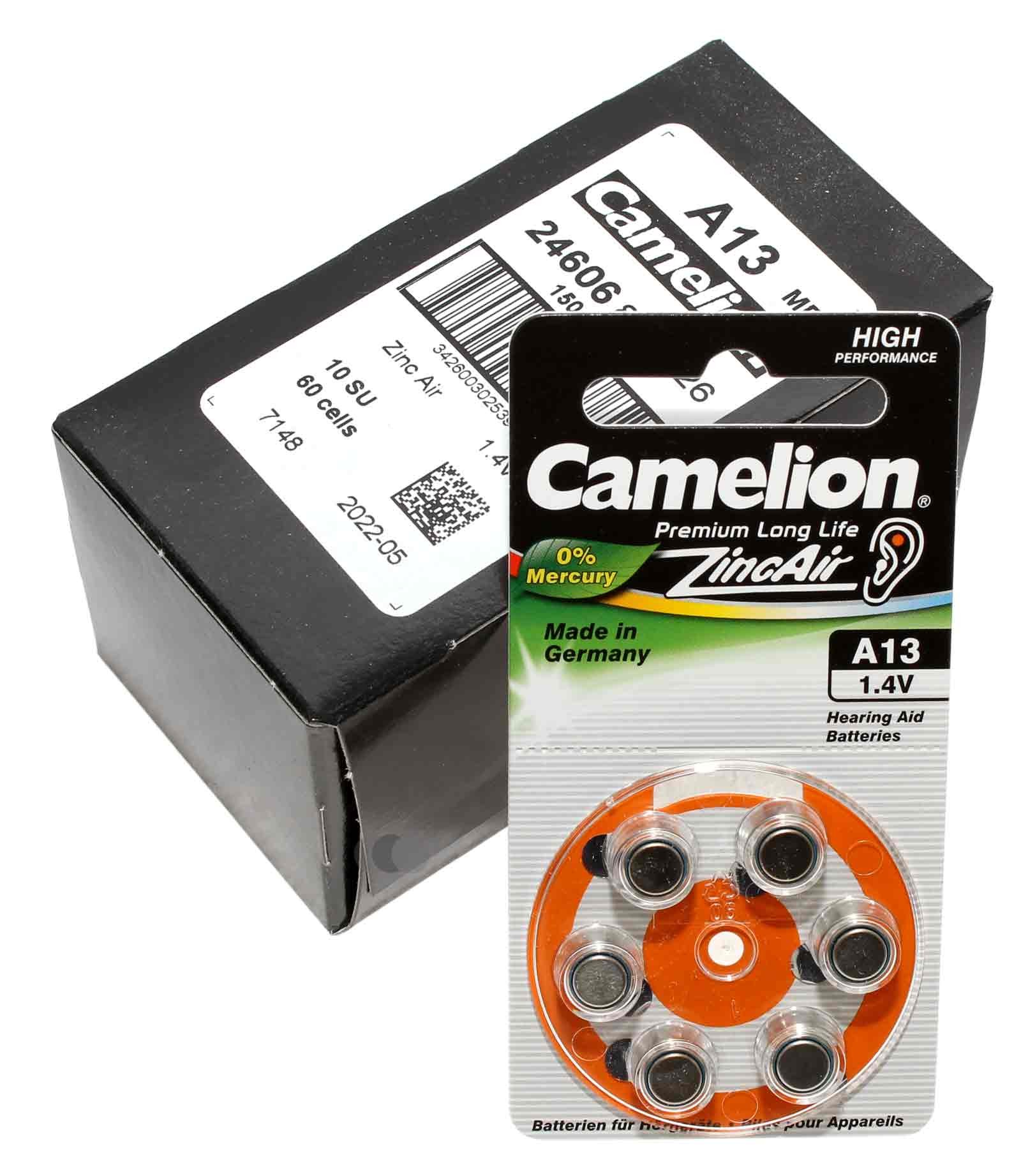 60 Stück Camelion Knopfzelle (Batterie) A312, PR41, [A312-BP6], für Hörgeräte (hearing aid / appareils auditifs), Zink-Luft mit 1,4V und 160mAh