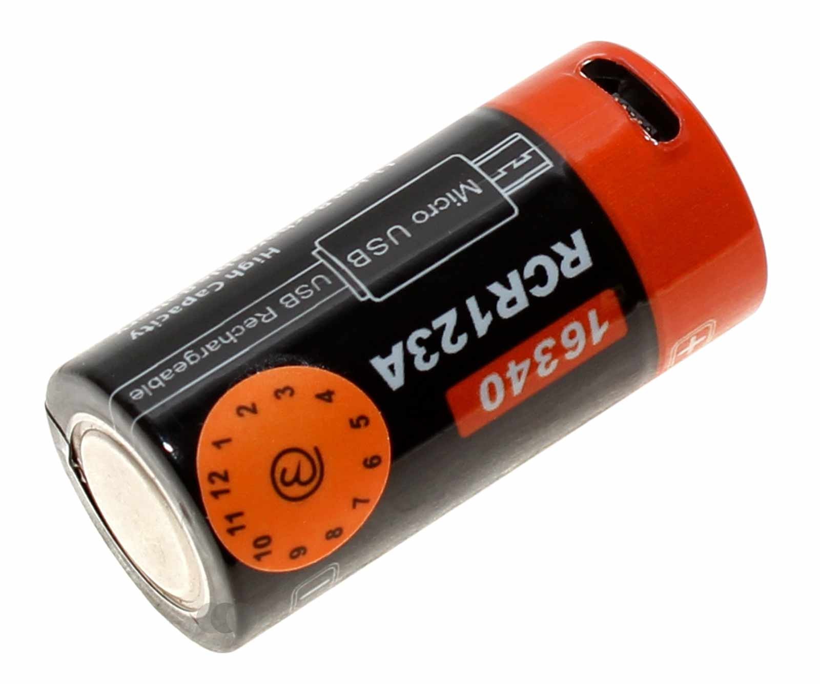 16340 CR123 Li-Ion Akku mit Micro-USB Ladeanschluss, 3,7V, max. 2,4Wh, 650mAh