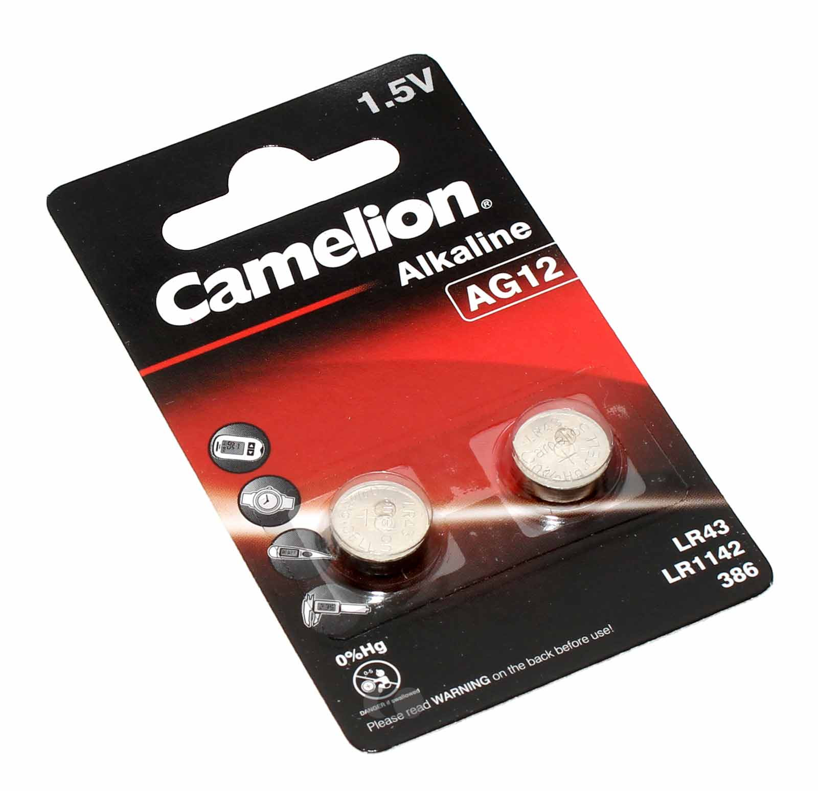2x Camelion AG12 LR43 Alkaline Knopfzelle Batterie, V12GA, G12A, 12GA, GP186, KA86, 1,5V, 108mAh