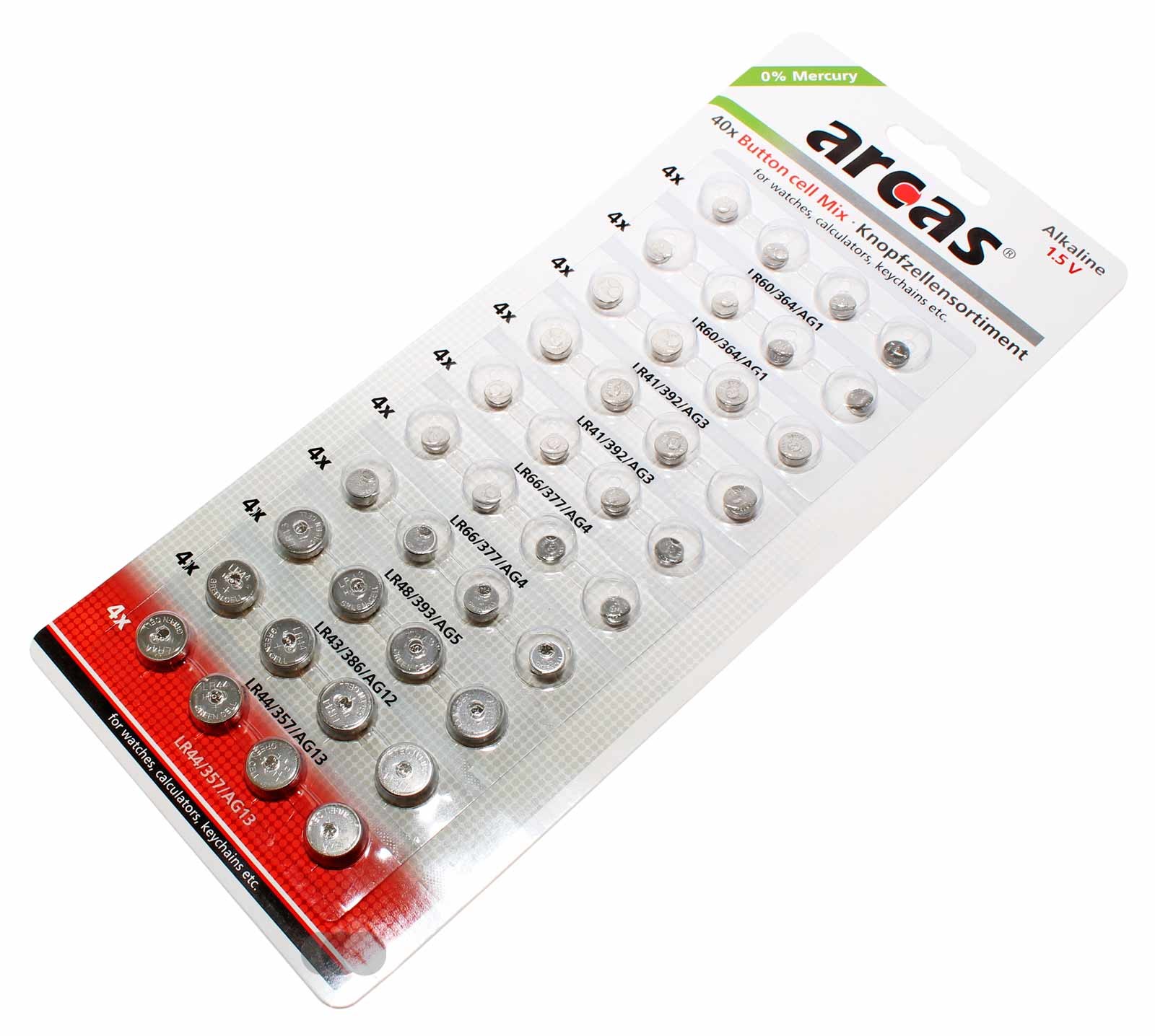 40er Pack Arcas Knopfzellen Batterie Alkaline 1,5V AG1, AG3, AG4, AG5, AG12, AG13, Uhr, Taschenrechner