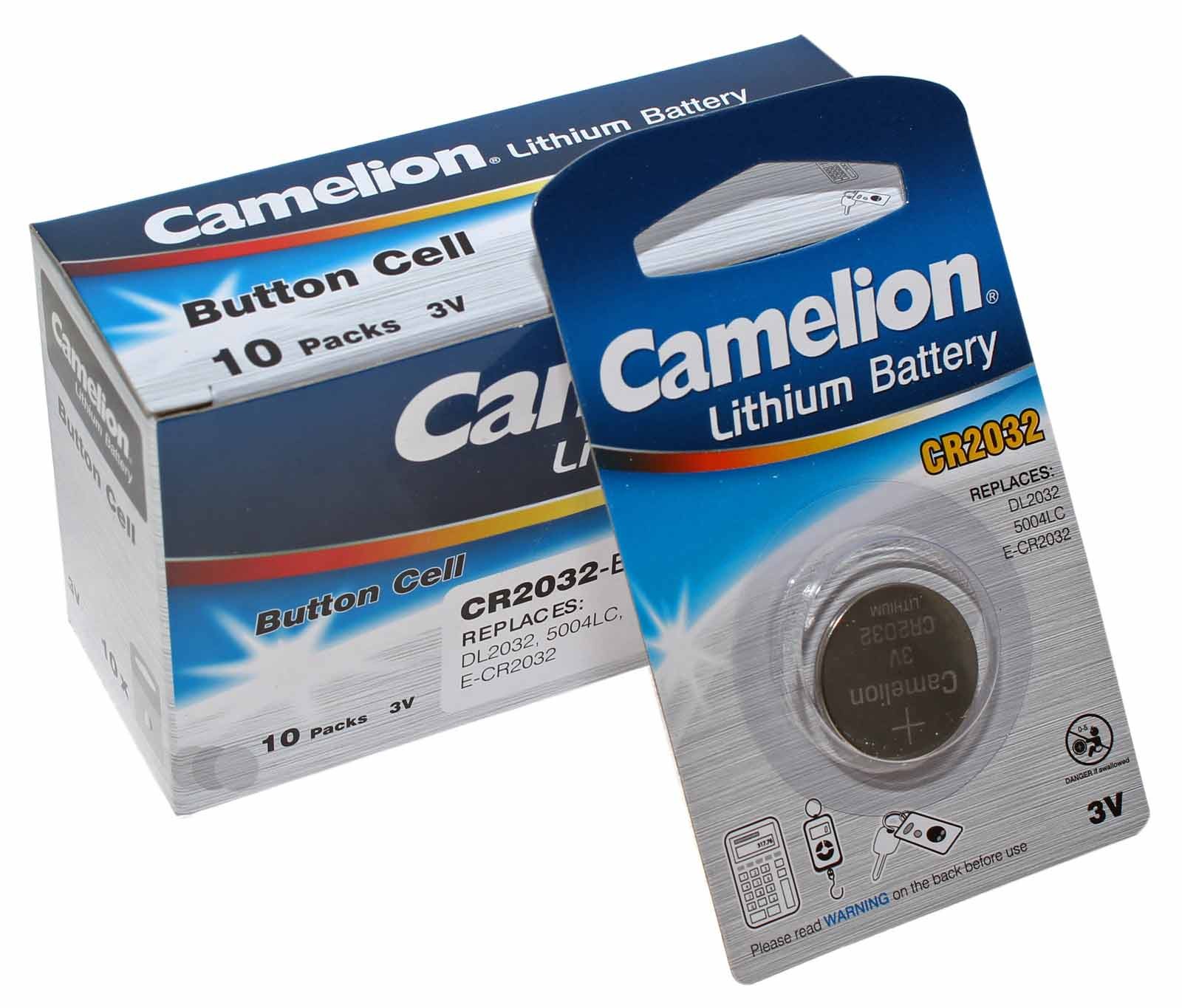 10x Camelion CR2032 Lithium Knopfzellen Batterie, mit 3 Volt und 220mAh Kapazität